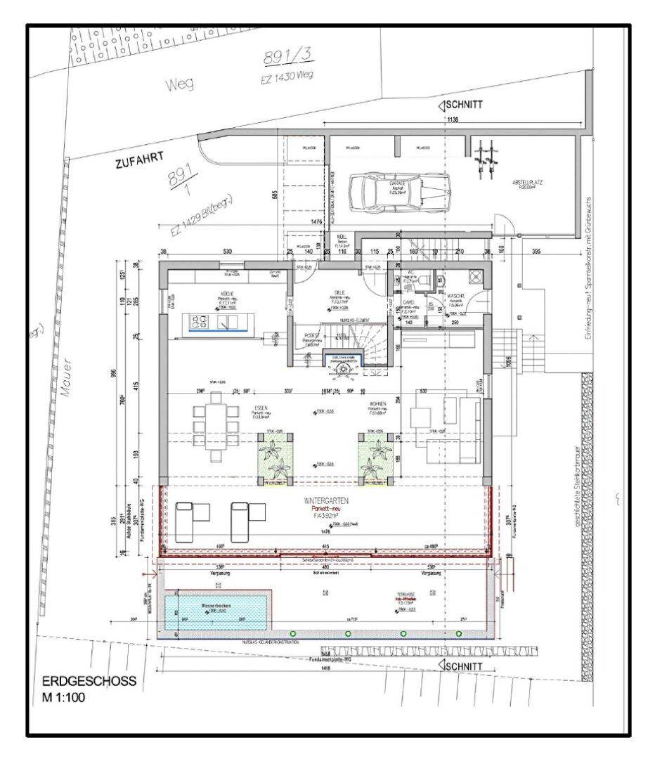 Detaillierter Grundriss des Erdgeschosses mit Wohnbereich, Küche und Wintergarten.