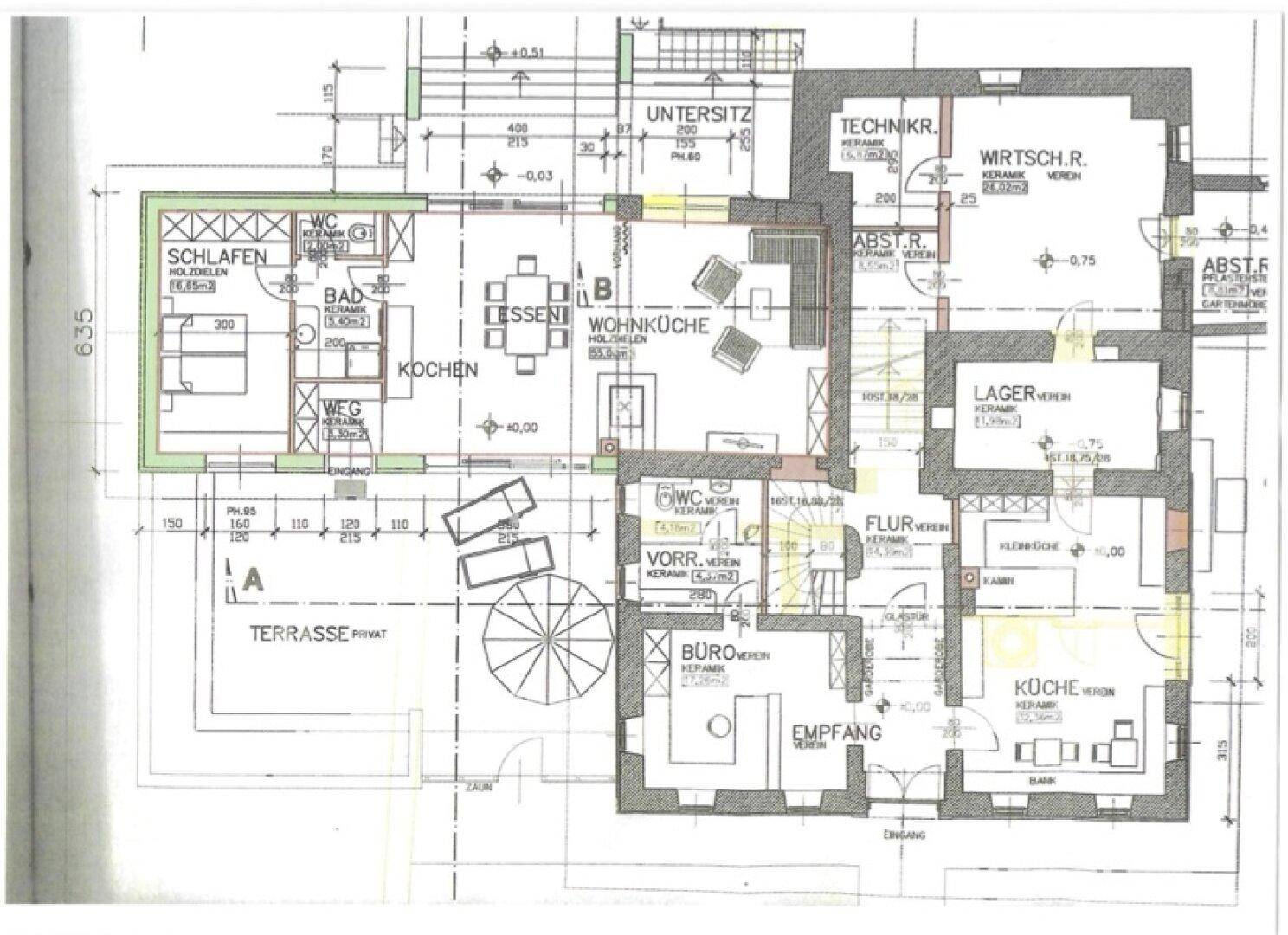 Detaillierter Grundriss mit Wohnküche, Schlafzimmer, Bad, Büro und privater Terrasse.