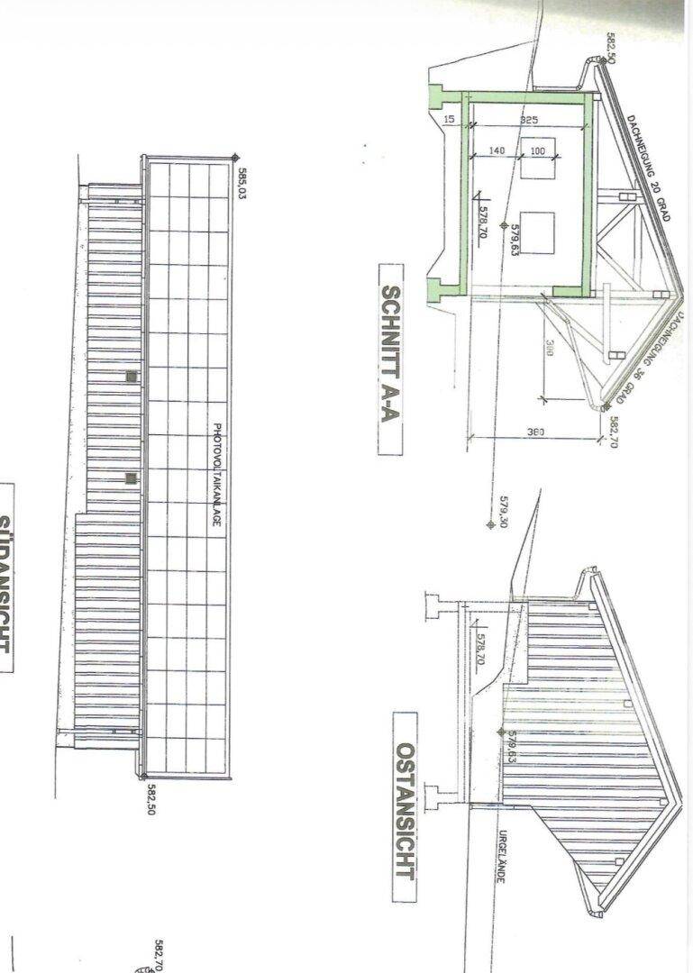 Architektonische Schnitte und Ansichten des Gebäudes von Süden und Osten.