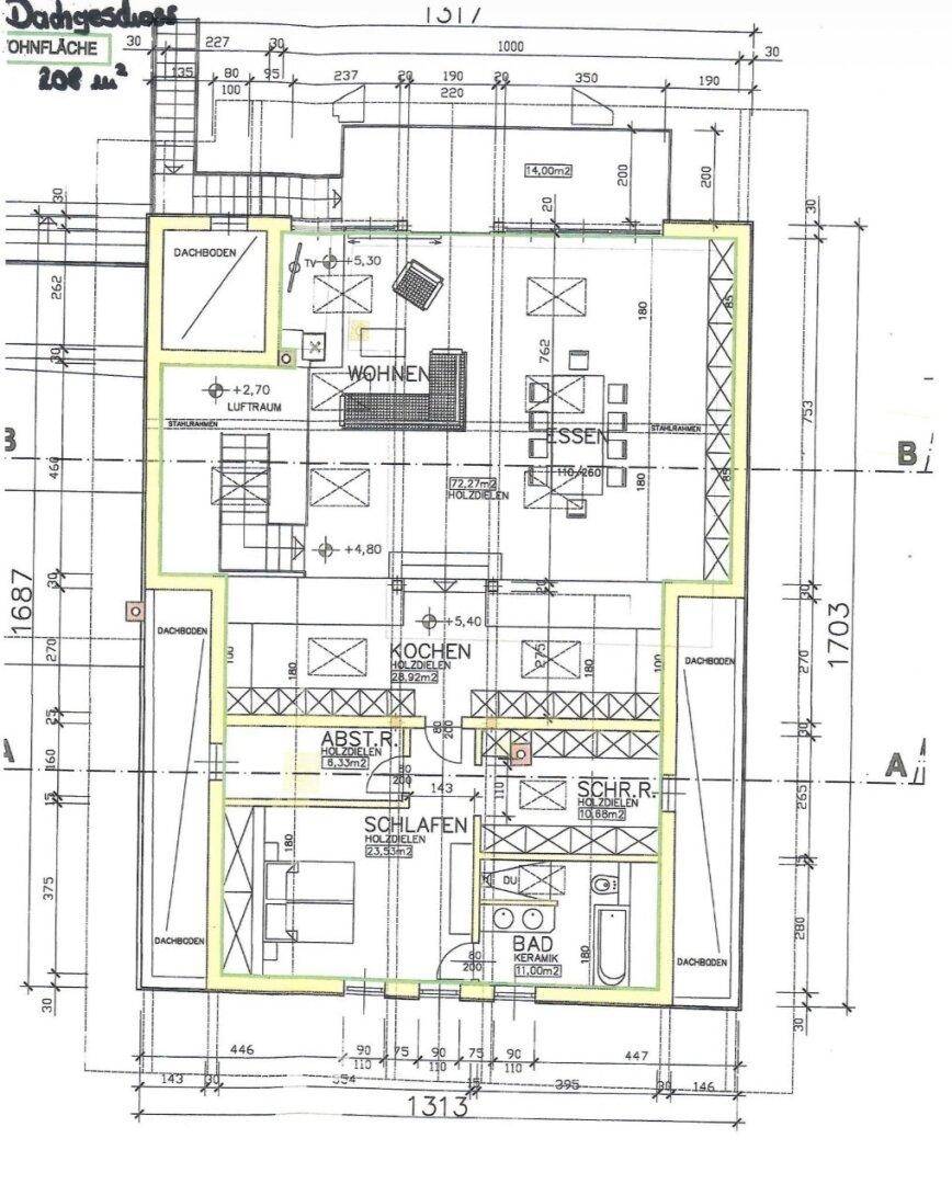 Grundriss des Dachgeschosses mit offenem Wohn-, Ess- und Kochbereich sowie Schlafzimmer und Bad.