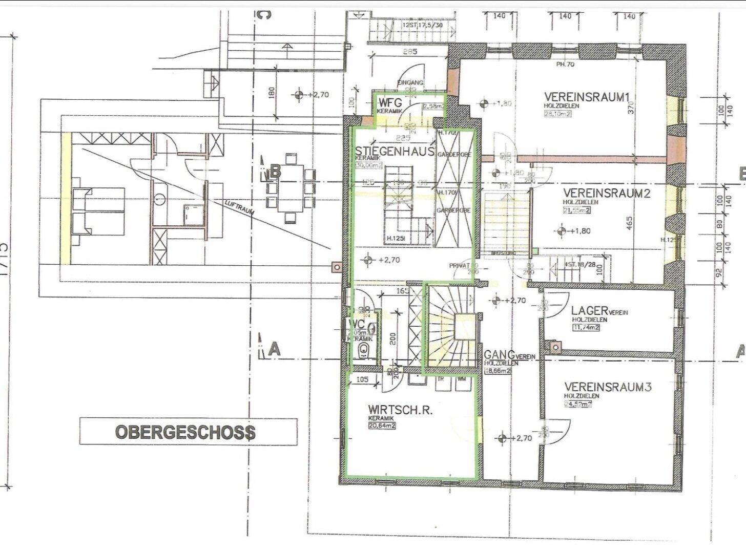 Grundriss des Obergeschosses mit Treppenhaus, Wirtschaftsraum, Lager und mehreren Vereinsräumen.