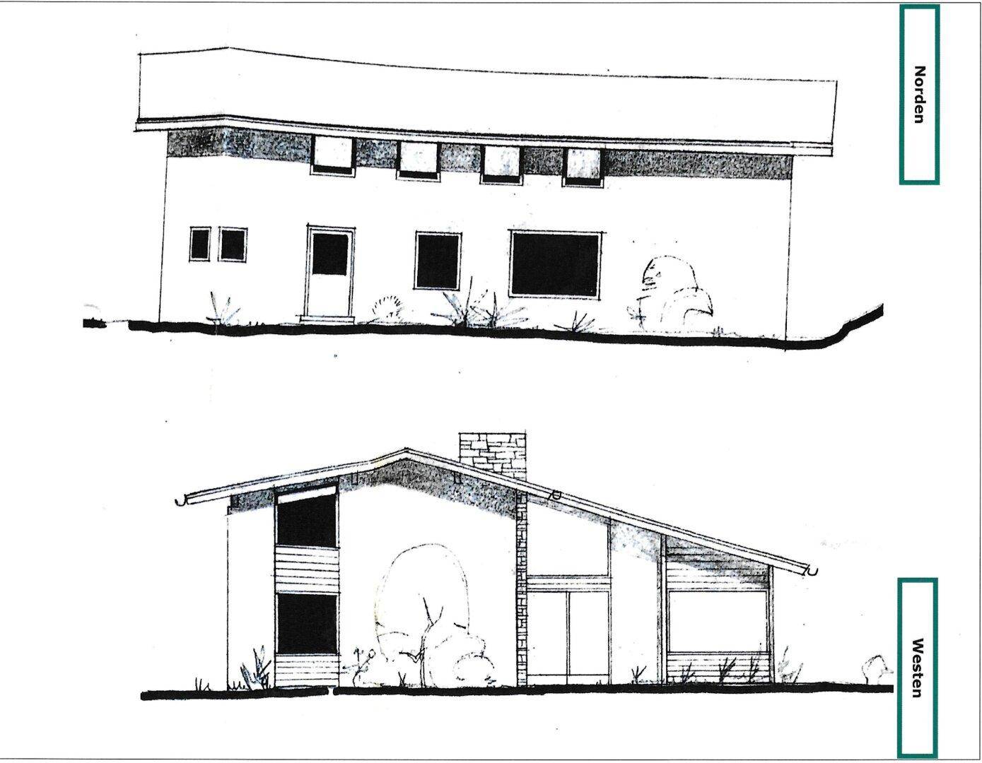 Architektonische Ansichten des Gebäudes von Norden und Westen mit klaren Linien und Dachüberstand.