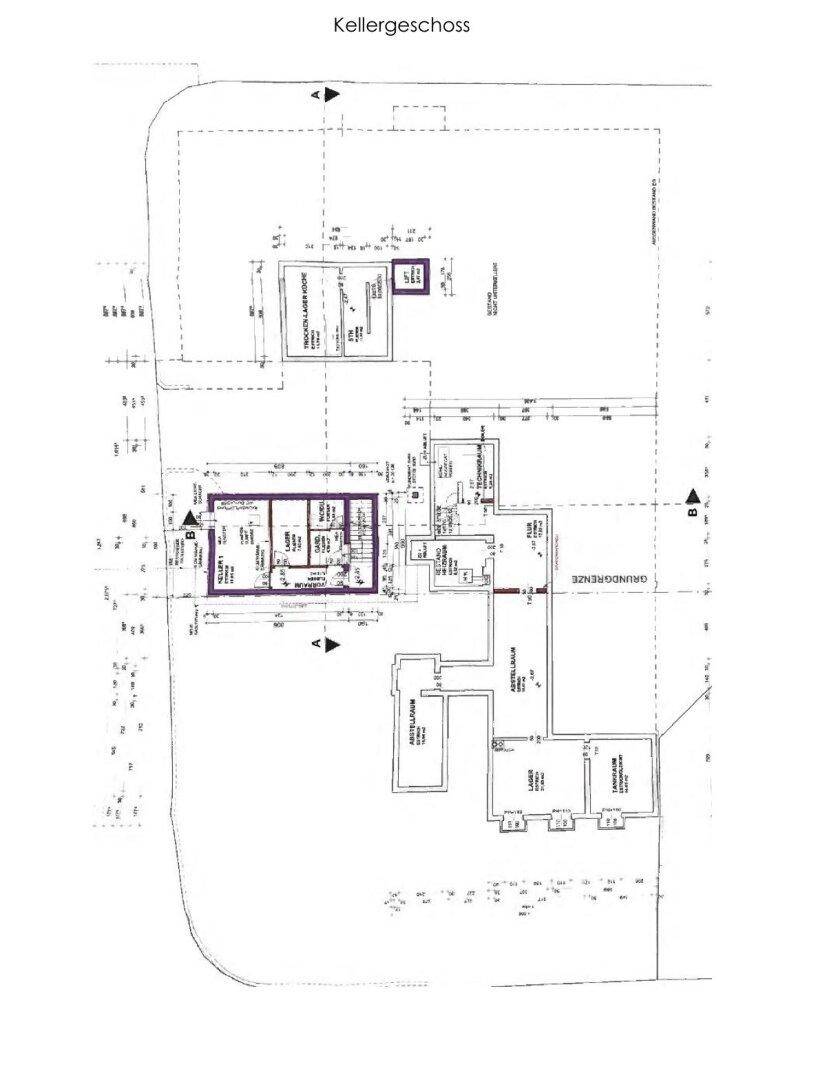 Grundriss des Kellergeschosses mit verschiedenen Räumen und Lagerbereichen.
