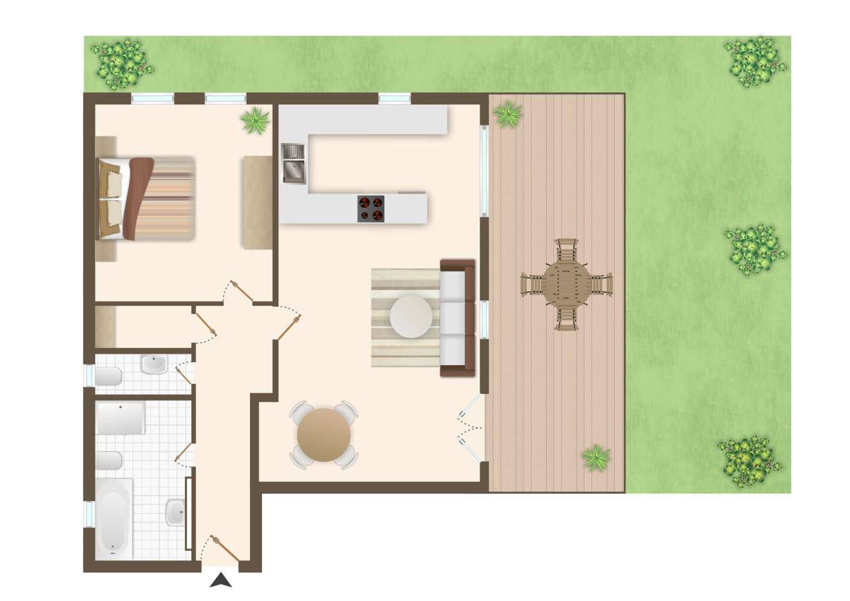 Grundriss einer modernen Wohnung mit offenem Wohnbereich, Schlafzimmer und großer Terrasse mit Garten.