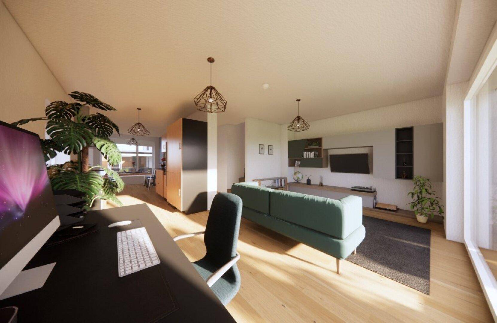 Heller Wohnbereich mit Holzboden, grüner Couch und integriertem Arbeitsplatz am Fenster.