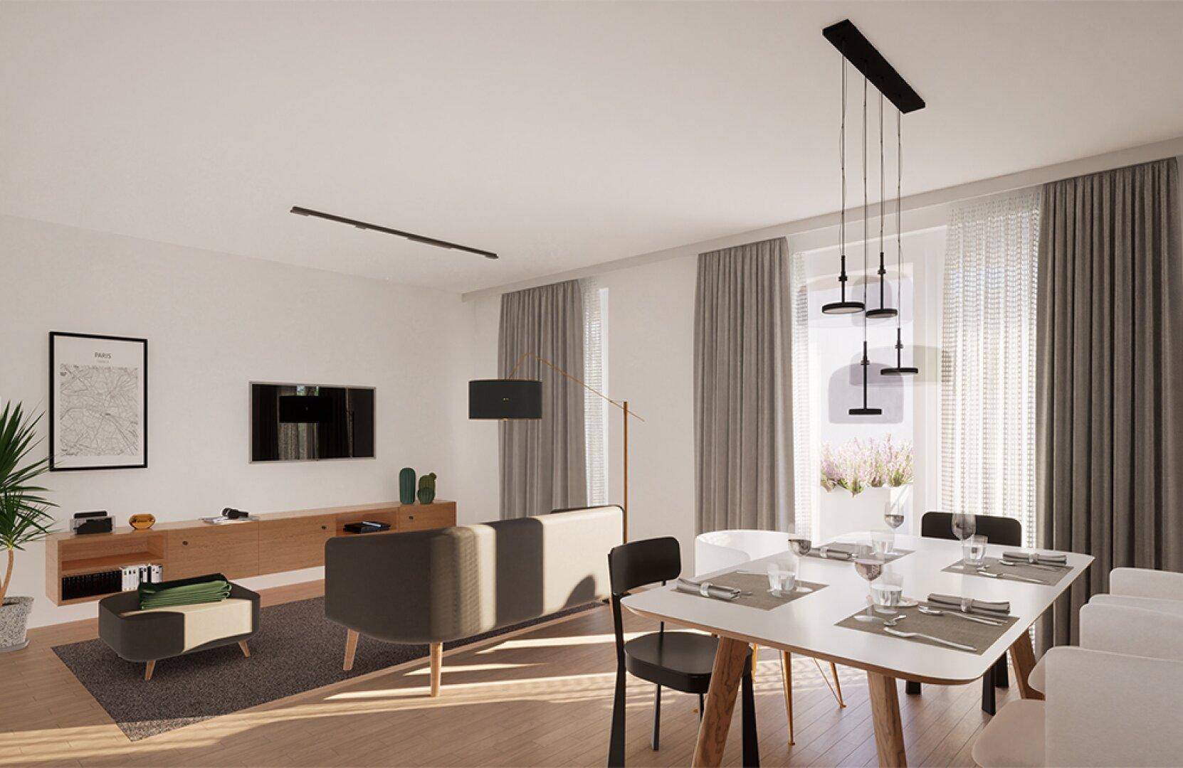 Heller, offener Wohn-Essbereich mit modernem Design, Holzboden und großen Fenstern für viel Tageslicht.