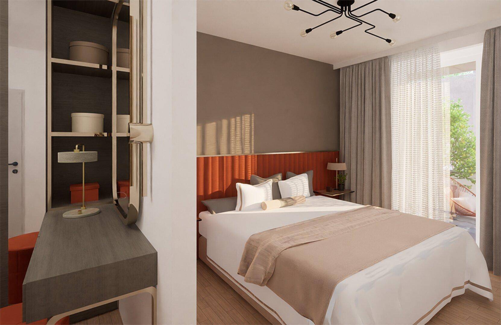 Modernes Schlafzimmer mit stilvoller Einrichtung, Holzboden und Zugang zu einem sonnigen Außenbereich.