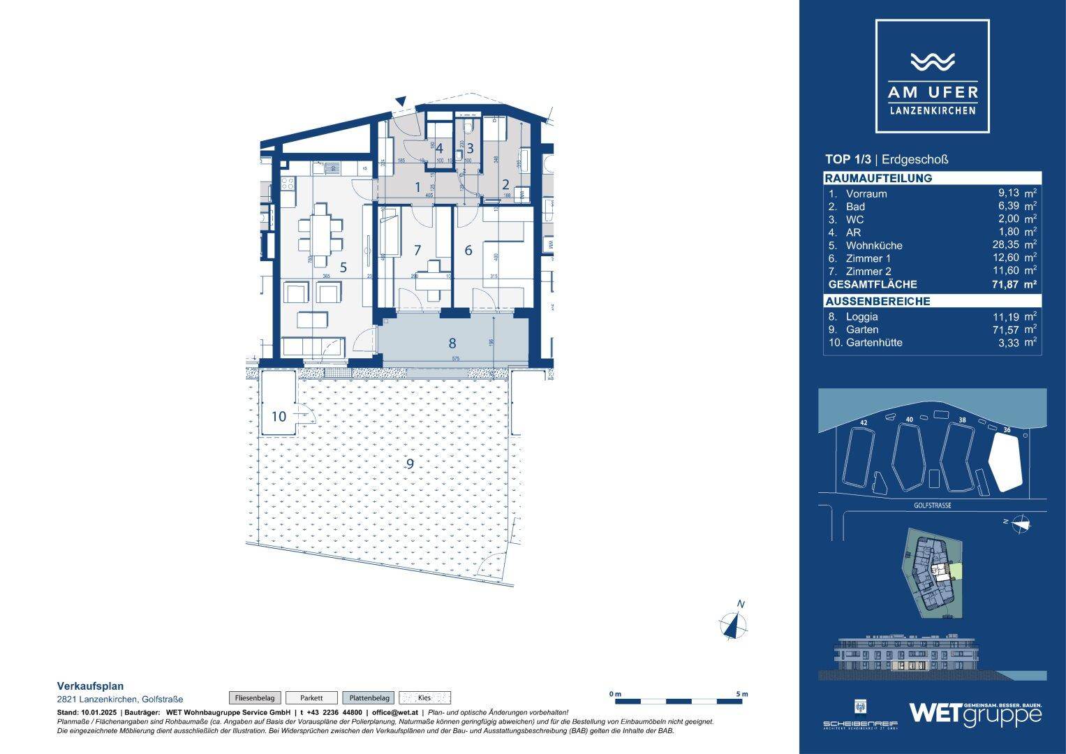 Detaillierter Grundriss einer Erdgeschosswohnung mit Loggia, Garten und separater Gartenhütte.
