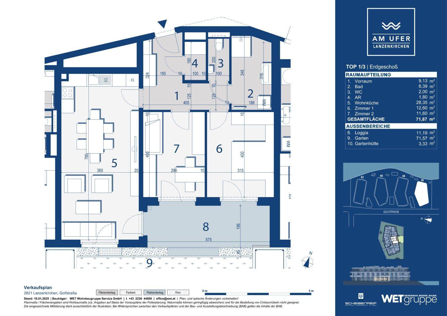 Detaillierter Grundriss einer Erdgeschosswohnung mit Loggia, Garten und separater Gartenhütte.