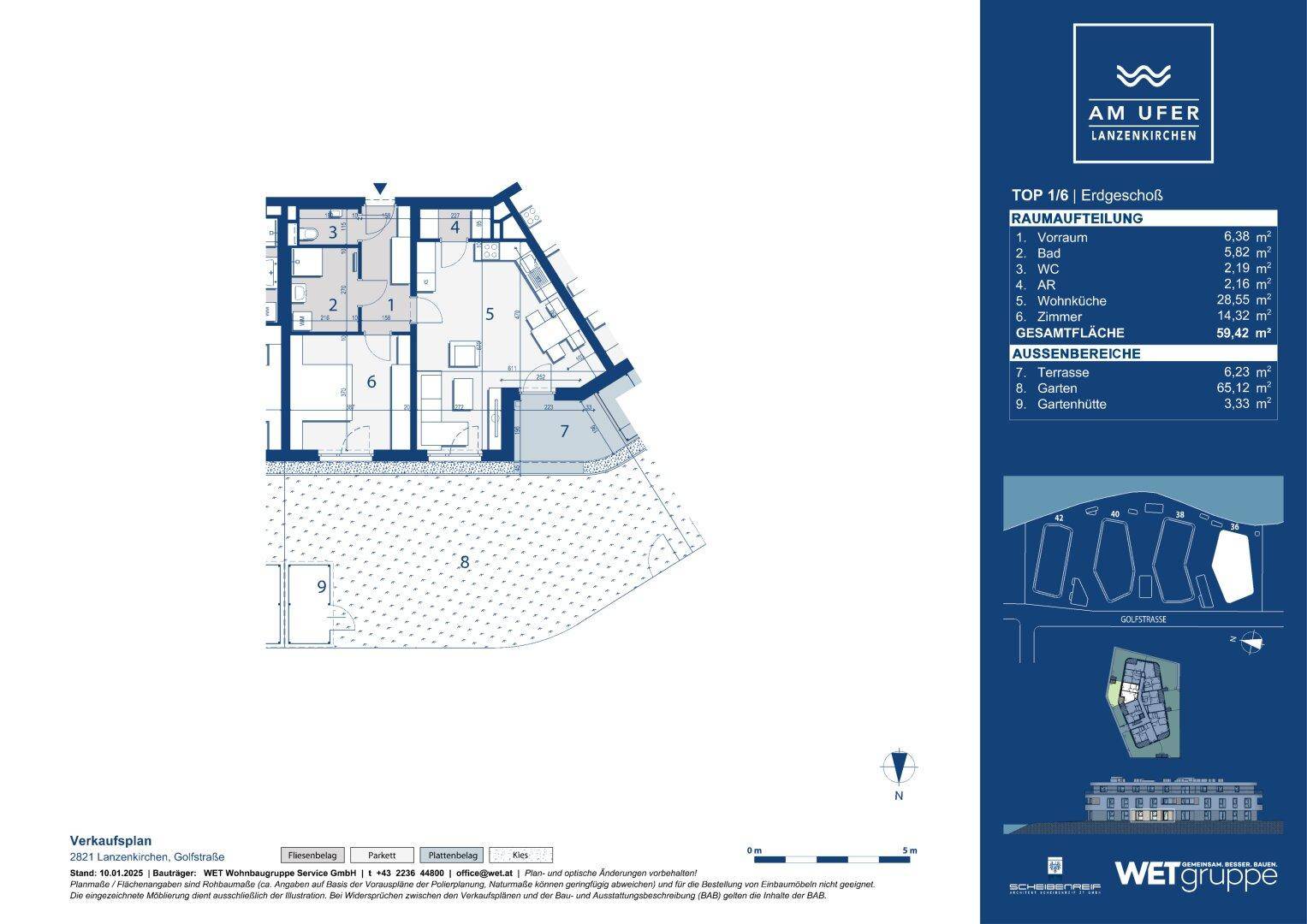 Detaillierter Grundriss der Erdgeschosswohnung mit Terrasse, Gartenanteil und klarer Raumaufteilung.