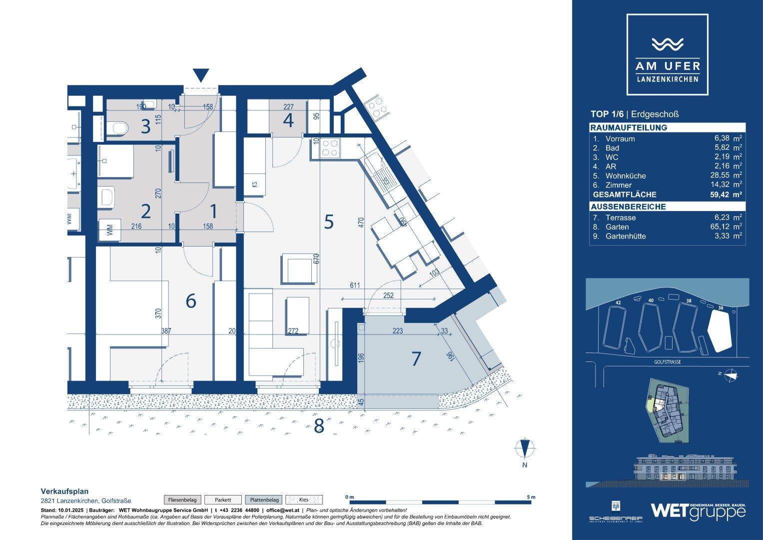 Übersichtlicher Grundriss der Wohnung mit Raumaufteilung, Außenbereichen und allen wichtigen Details.