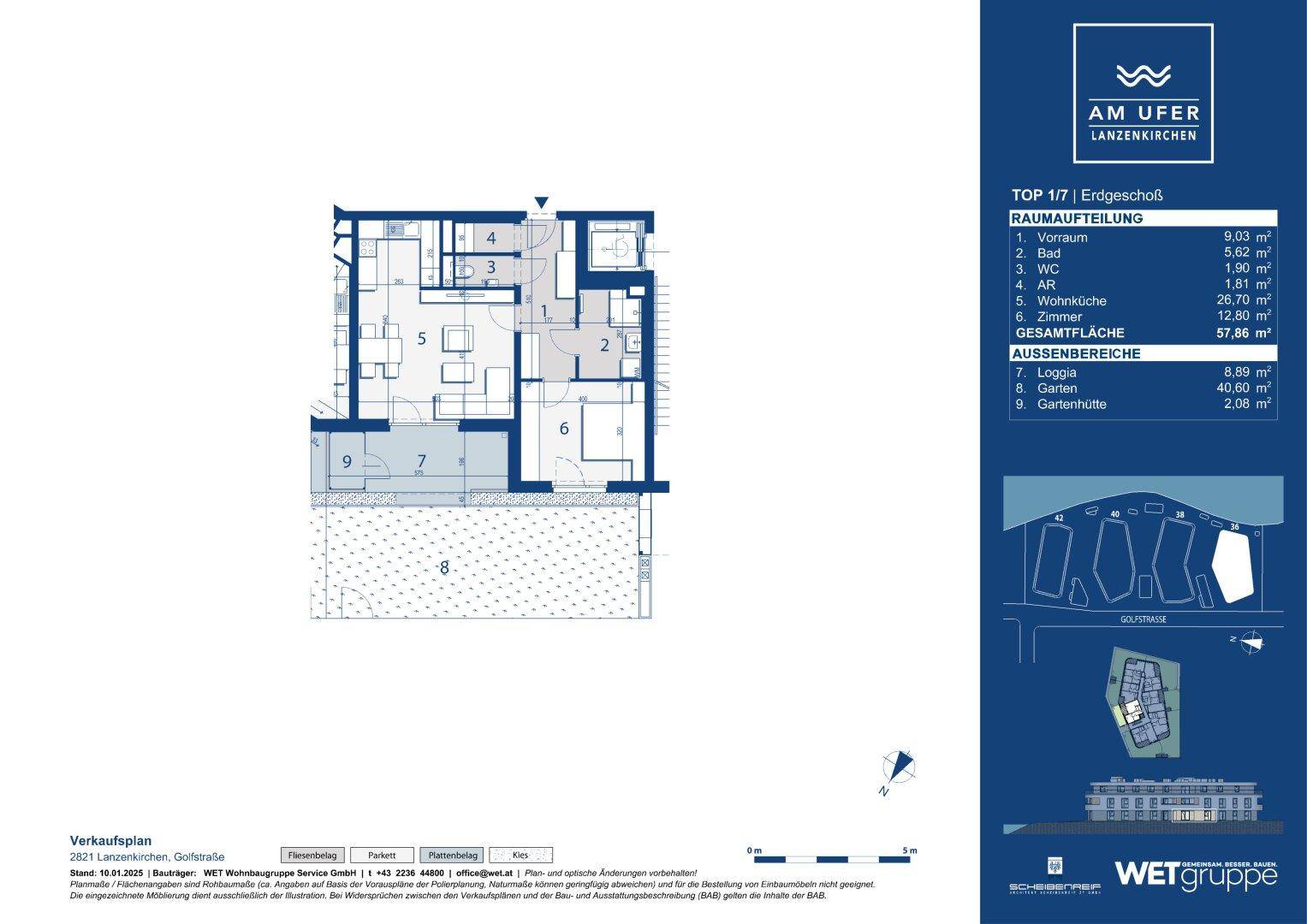 Grundriss einer Erdgeschosswohnung mit Loggia, Gartenbereich und offener Wohnküche.