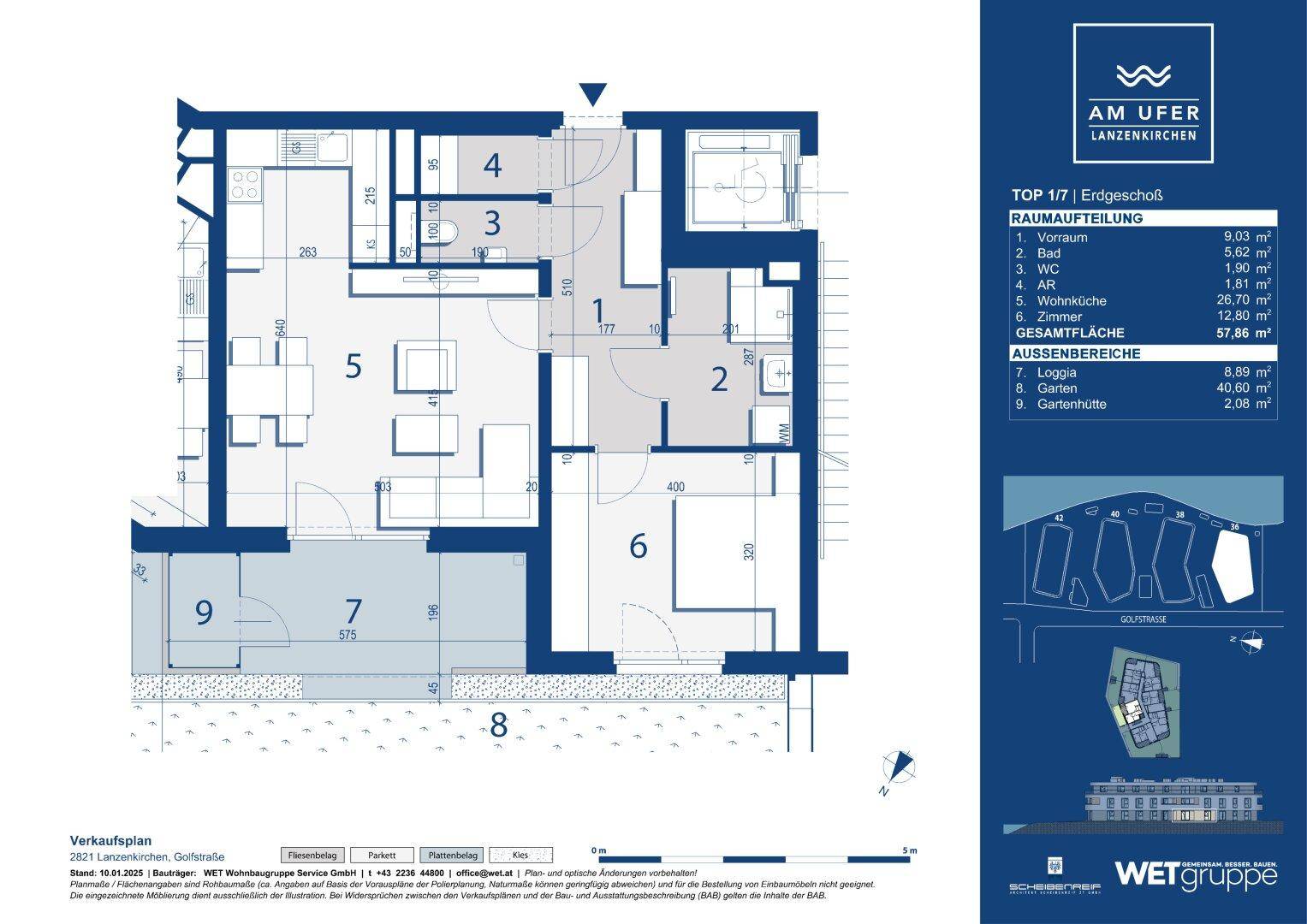 Detaillierter Grundriss einer Erdgeschosswohnung mit Loggia, Garten und separatem WC.