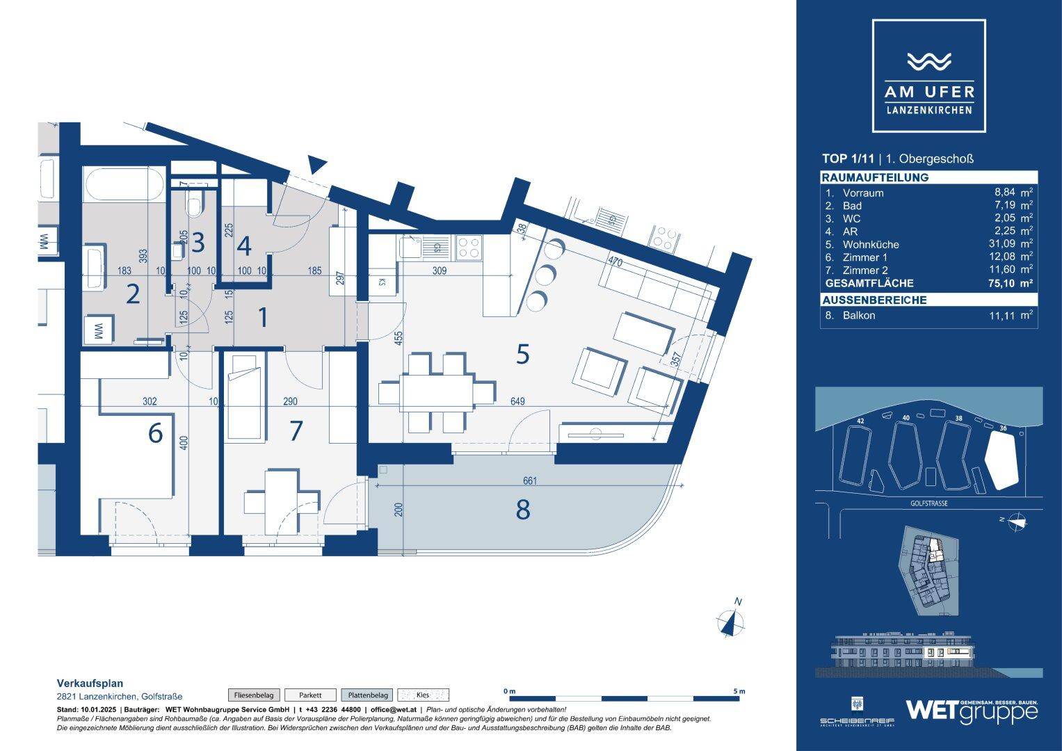 Grundriss einer Wohnung im ersten Obergeschoss mit offenem Wohn-Essbereich, zwei Schlafzimmern und einem Balkon.