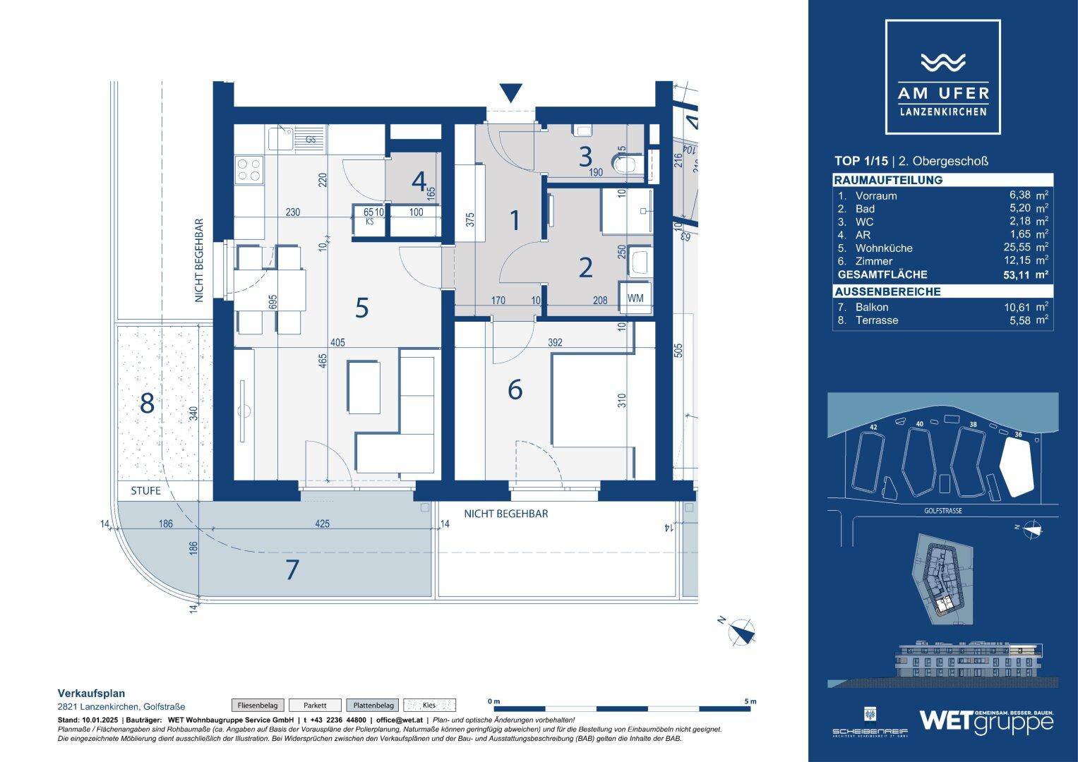 Detaillierter Grundriss einer Wohnung mit Balkon und Terrasse im Obergeschoss.