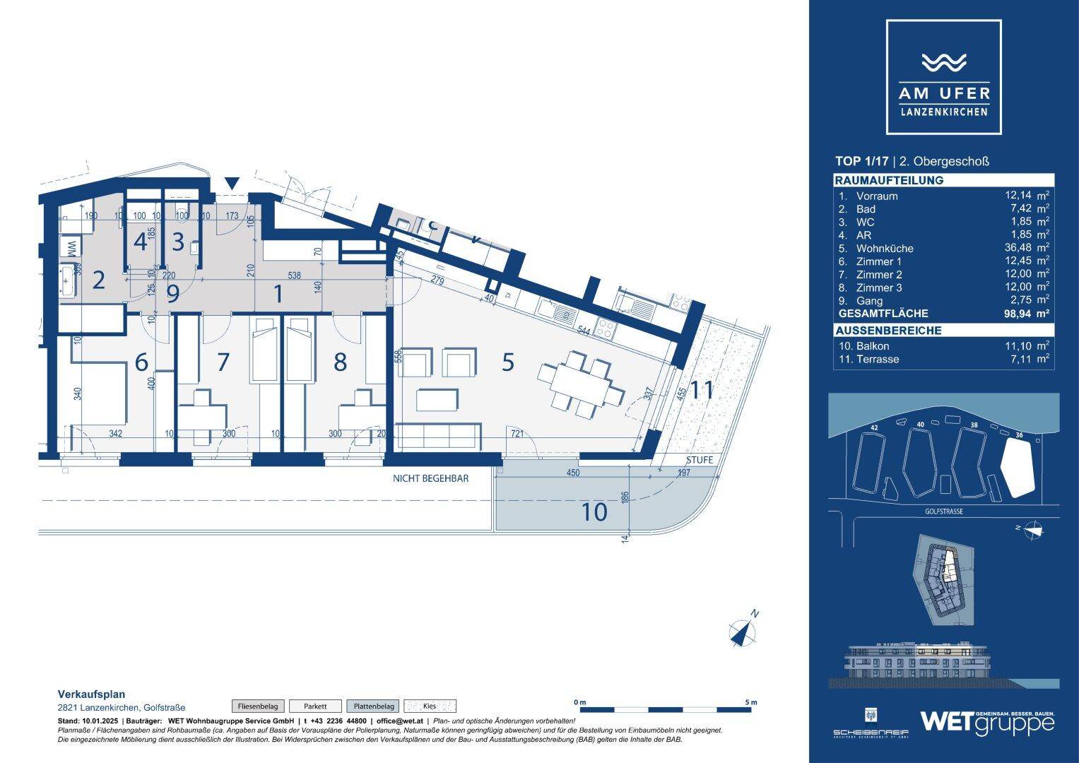 Detaillierter Grundriss einer modernen Wohnung mit drei Schlafzimmern, offener Wohnküche, Bad, separatem WC, Balkon und Terrasse.