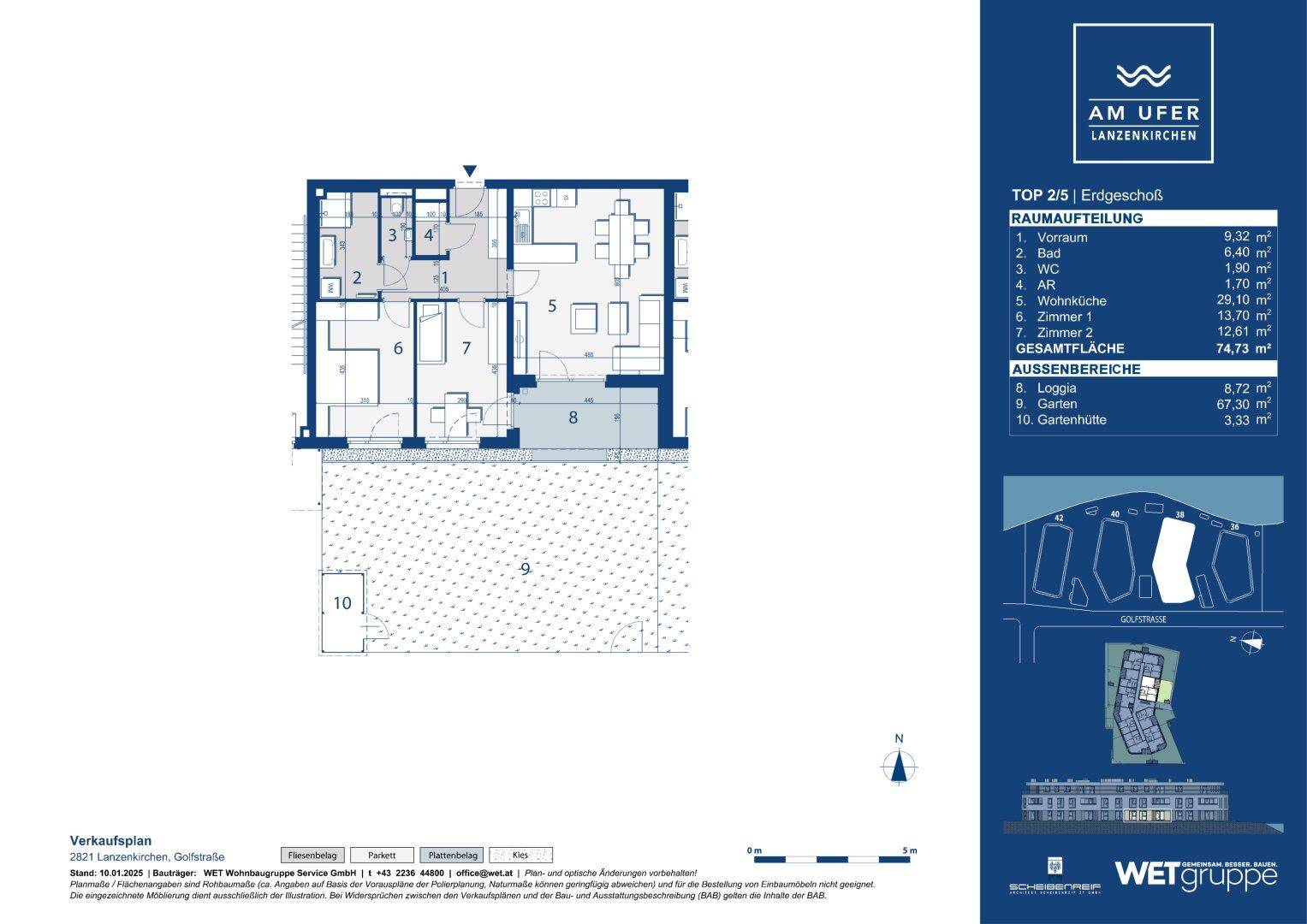 Grundriss einer Erdgeschosswohnung mit Loggia, Garten und separater Gartenhütte, ideal für Familien.