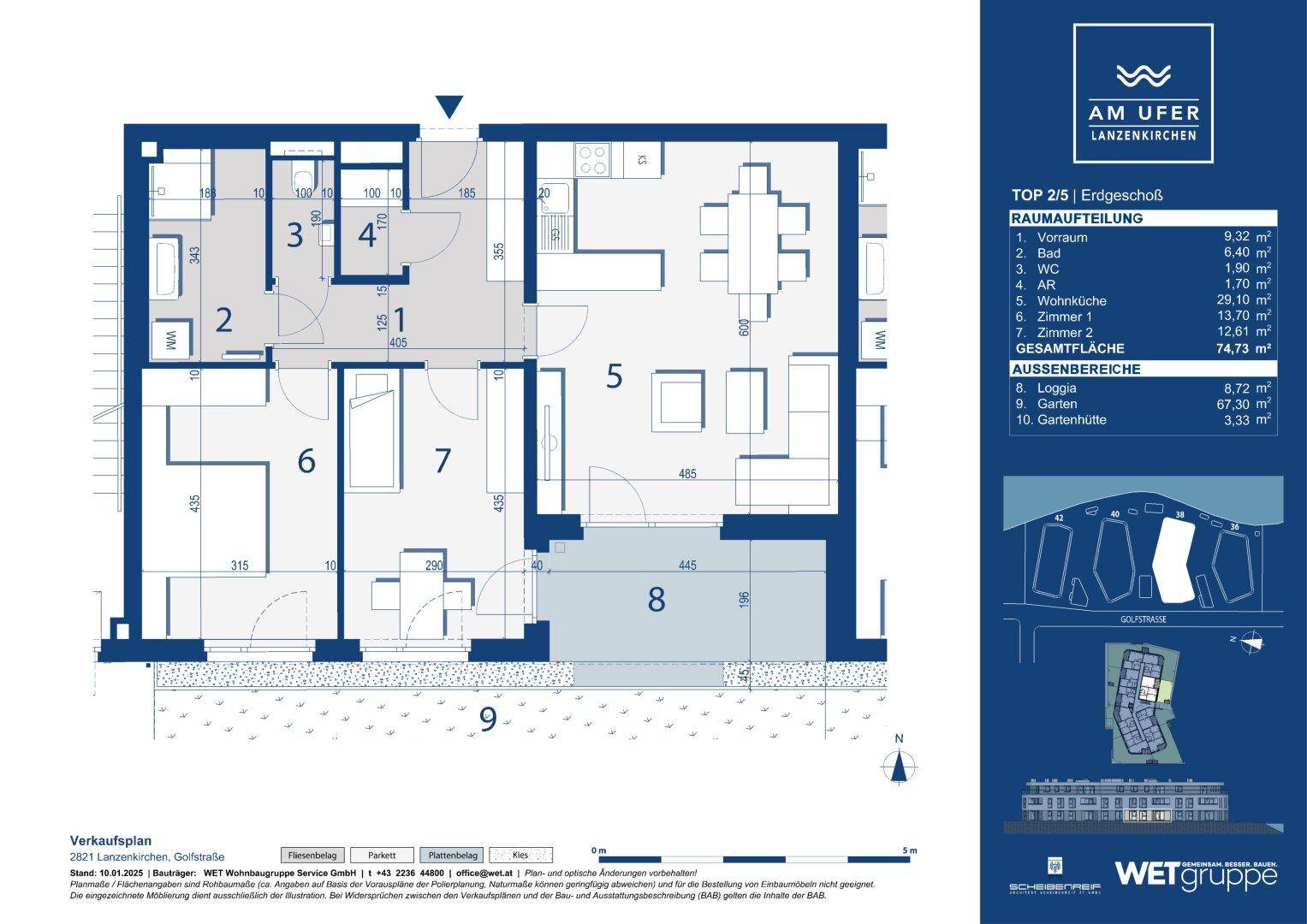 Detaillierter Grundriss einer Erdgeschosswohnung mit Loggia und großzügigem Gartenbereich am Seeufer.