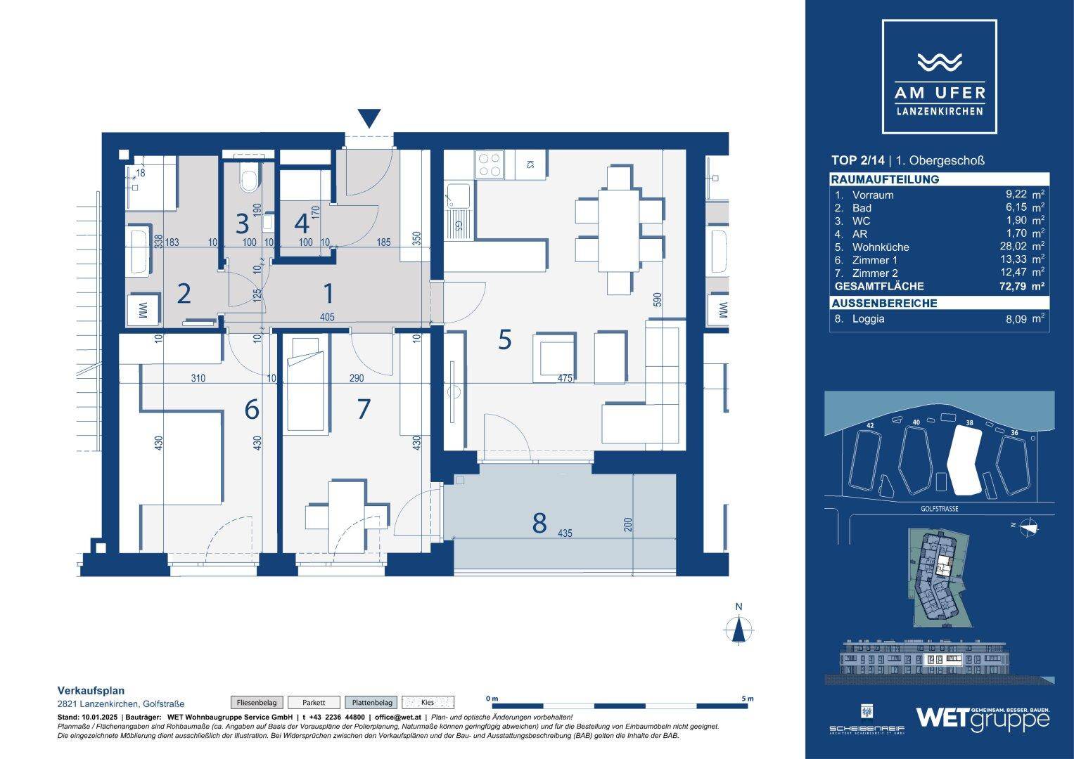 Detaillierter Grundriss einer Wohnung im Obergeschoss mit Loggia und klarer Raumaufteilung.