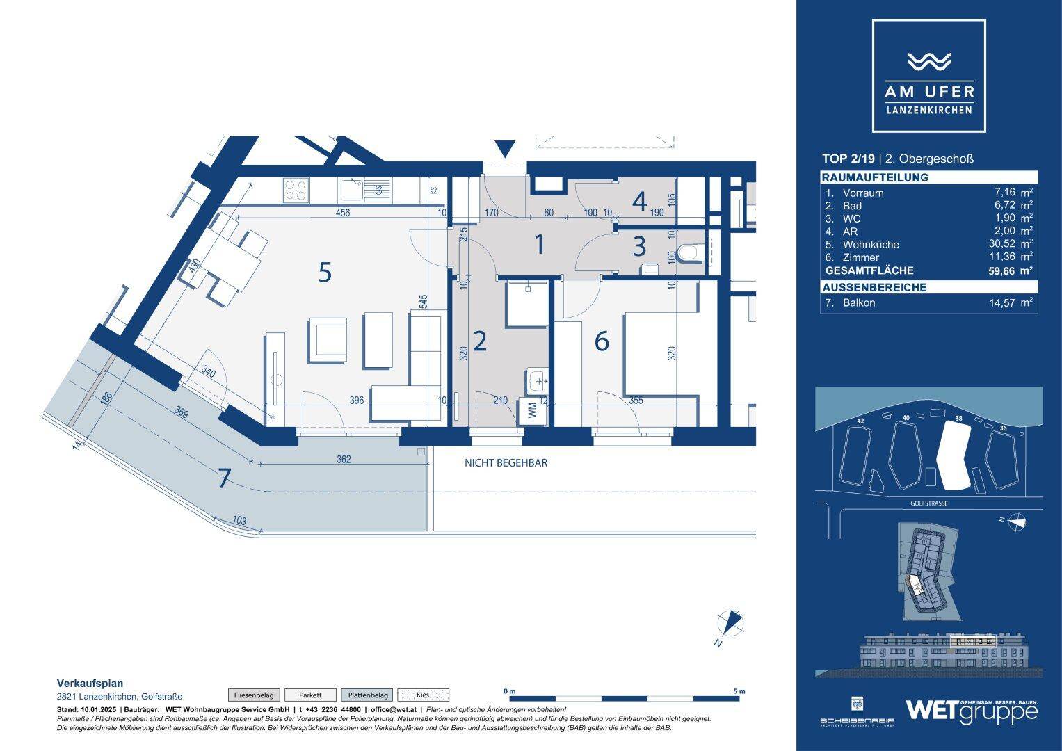 Grundriss der Wohnung TOP 2/19 im 2. Obergeschoss mit Balkon und offener Raumaufteilung.