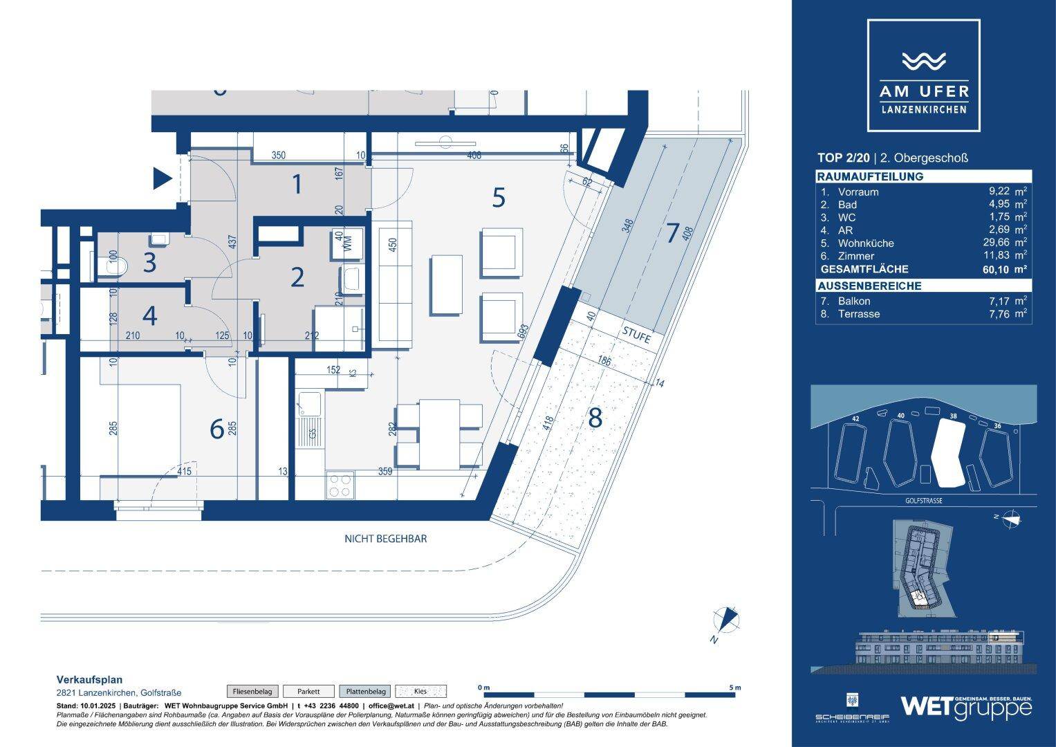 Detaillierter Grundriss einer Wohnung im zweiten Obergeschoss mit Balkon und Terrasse.