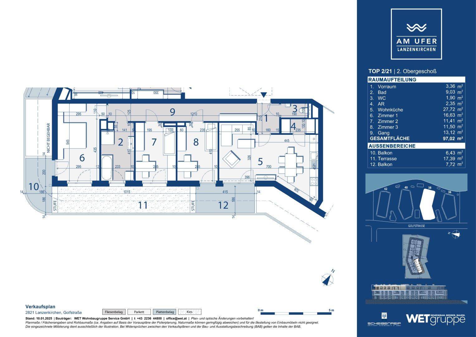 Detaillierter Grundriss einer Wohnung im zweiten Obergeschoss mit Balkon und Terrasse.