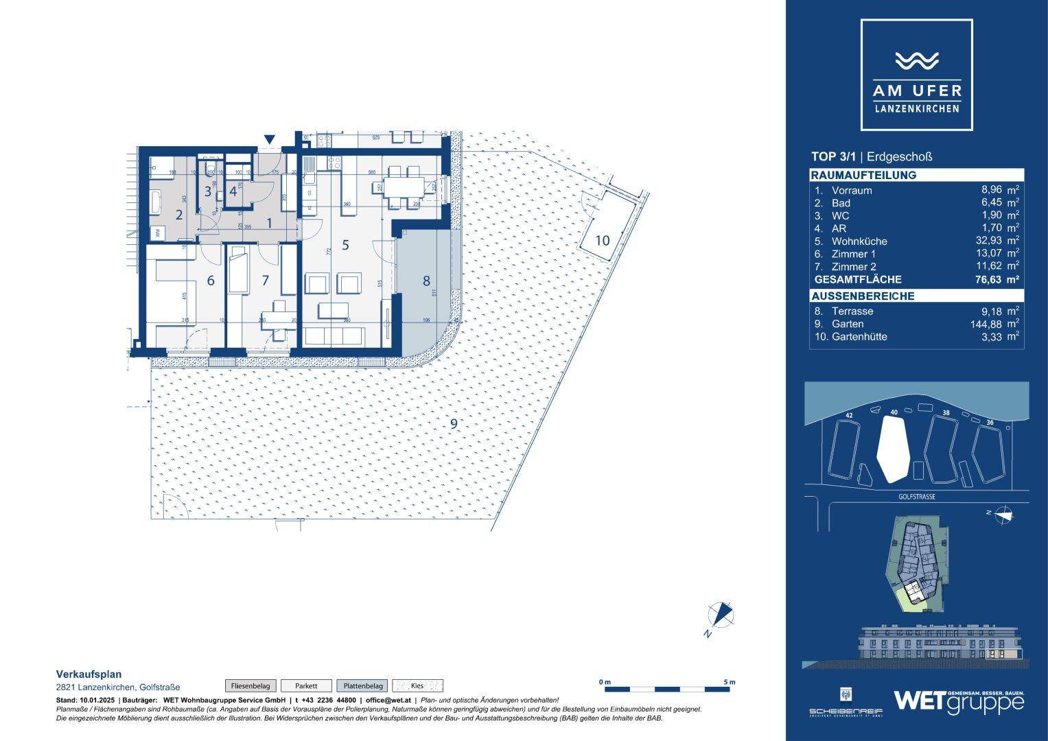Grundriss einer Erdgeschosswohnung mit Terrasse, Garten und Abstellraum.