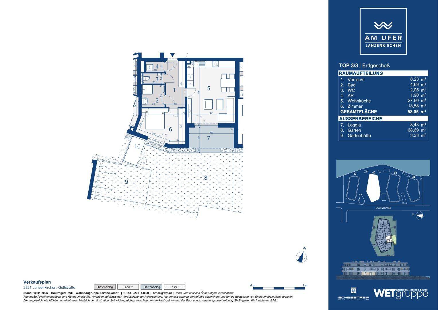 Grundrissplan einer Erdgeschosswohnung mit Loggia, Garten und Gartenhütte.