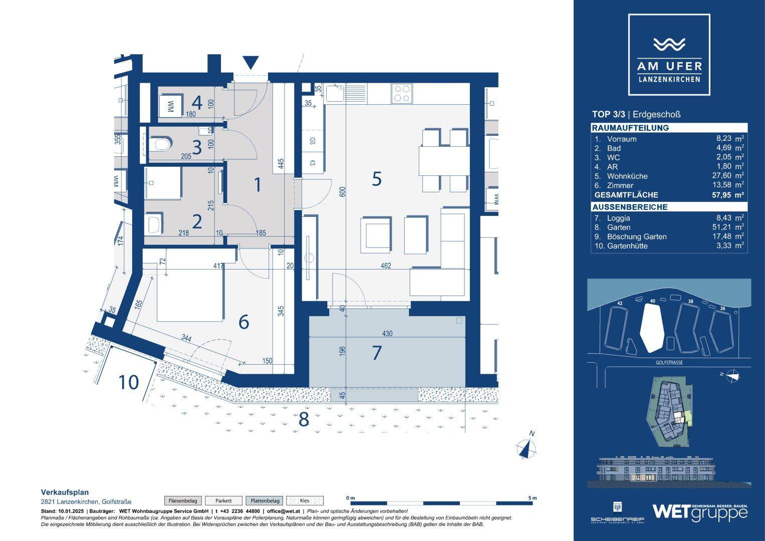 Detaillierter Grundrissplan einer Erdgeschosswohnung mit Loggia und privatem Gartenbereich.