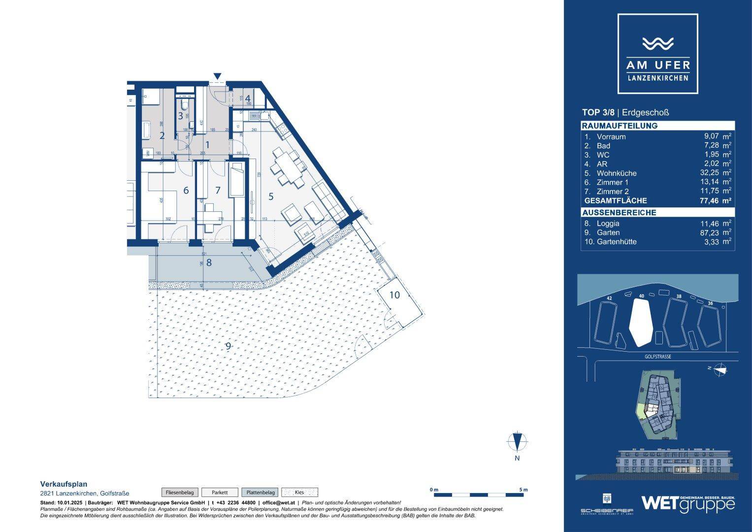 Grundriss einer Erdgeschosswohnung mit Garten, Loggia und offenem Wohnbereich.