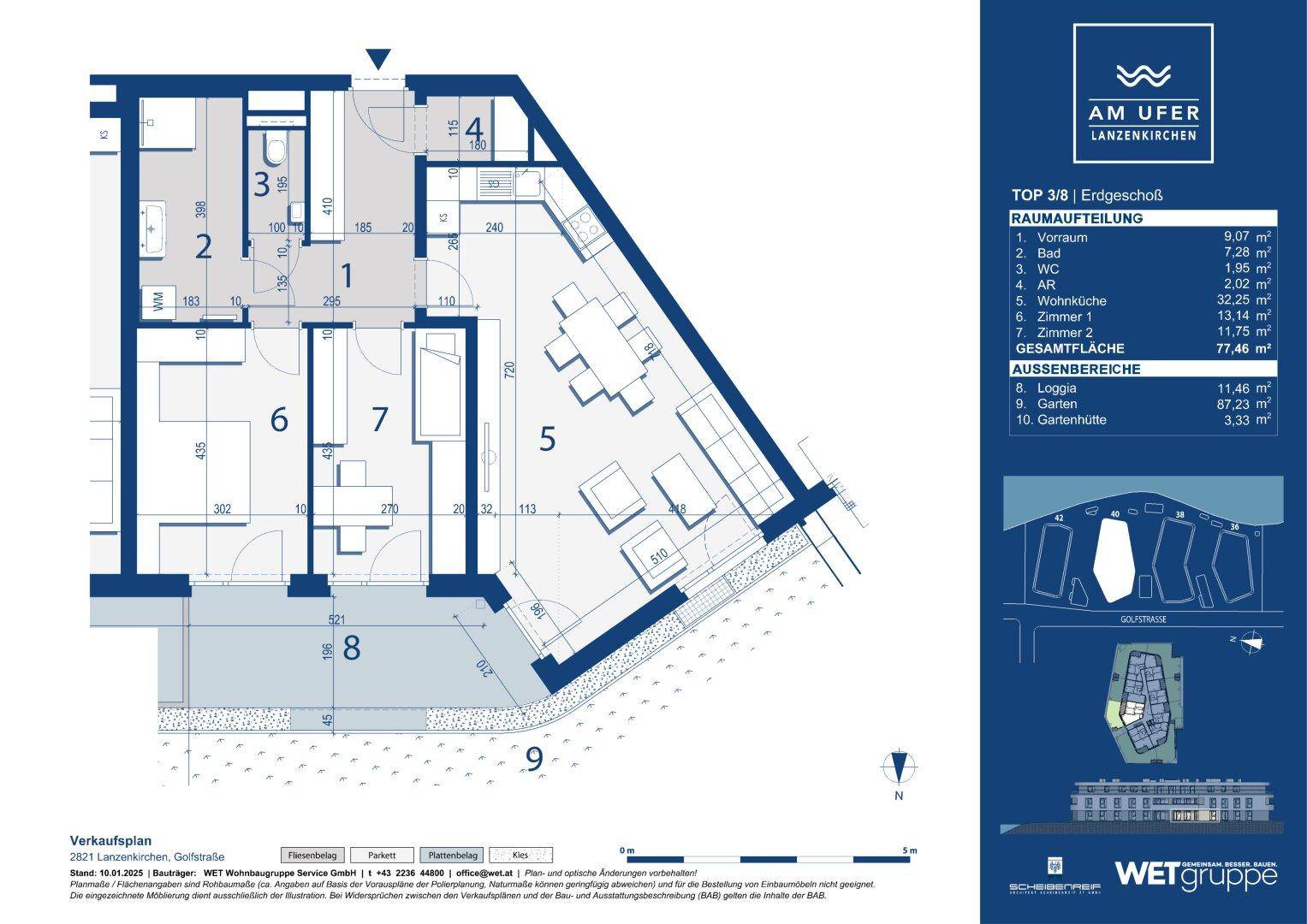 Detaillierter Grundriss einer Erdgeschosswohnung mit Garten, Loggia und offenem Wohnbereich.