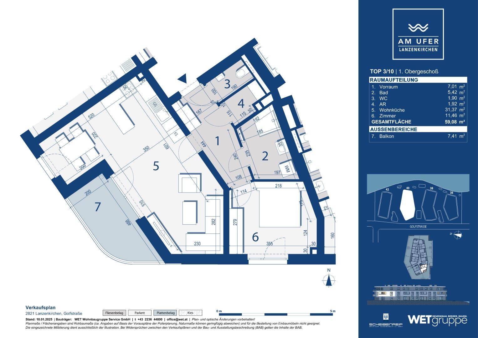 Grundrissplan einer Wohnung im Obergeschoss mit Balkon und klarer Raumaufteilung.
