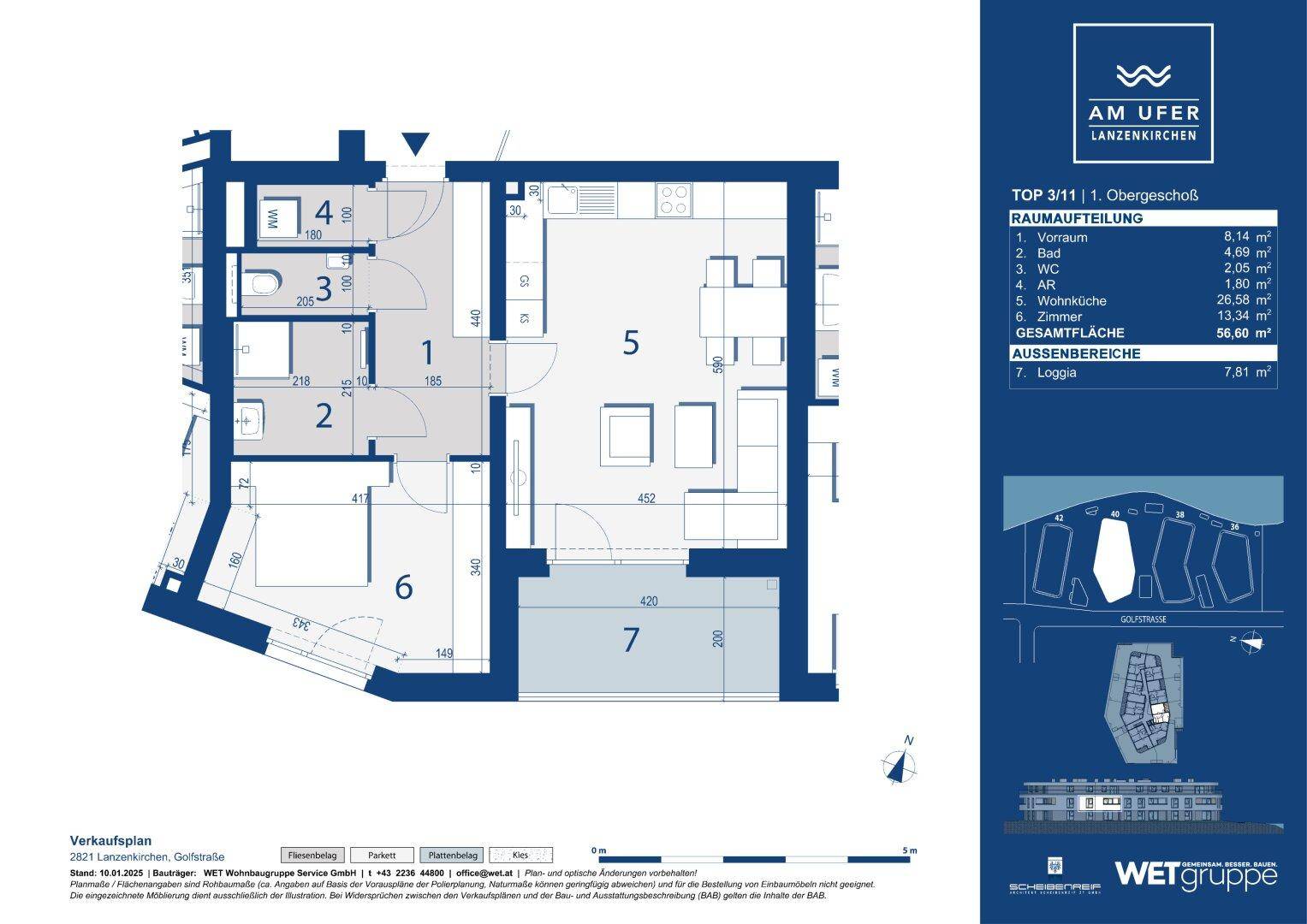 Detaillierter Grundriss einer Wohnung im Obergeschoss mit Loggia und klarer Raumaufteilung.