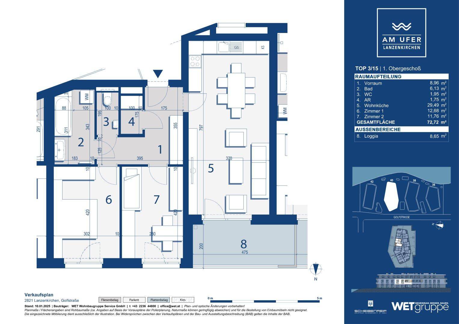 Detaillierter Grundriss einer Wohnung mit Loggia und klar definierten Wohnbereichen.