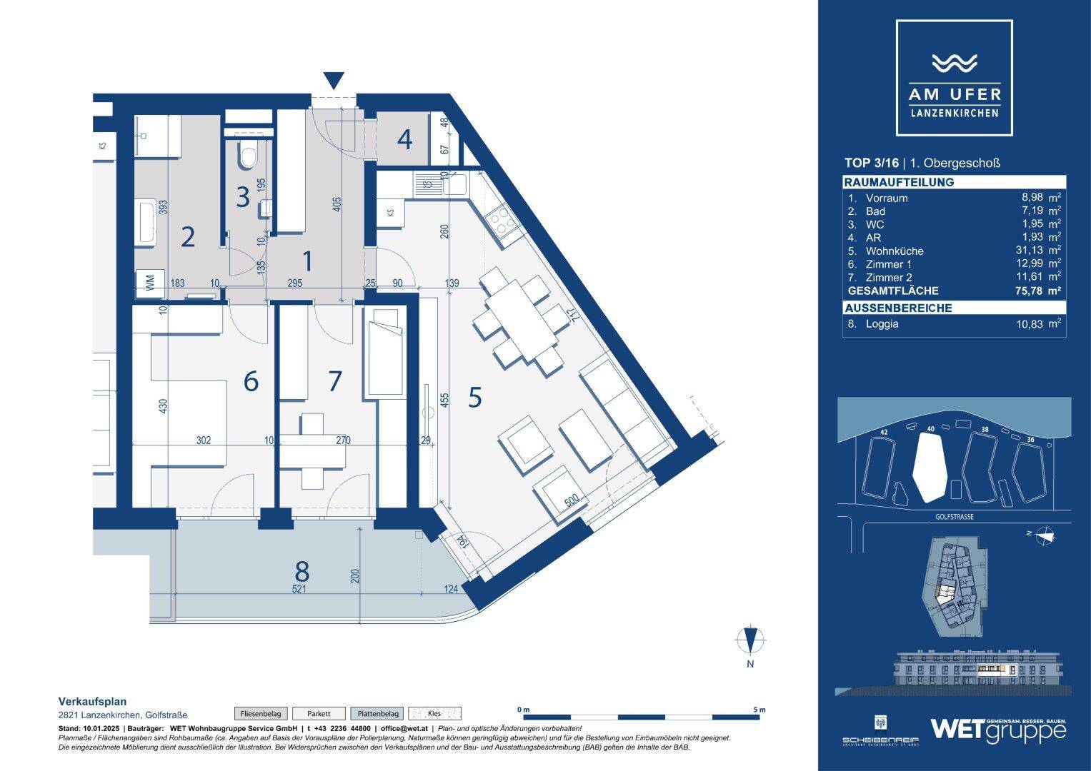 Grundriss einer Wohnung im Obergeschoss mit offener Wohnküche und Zugang zur Loggia.