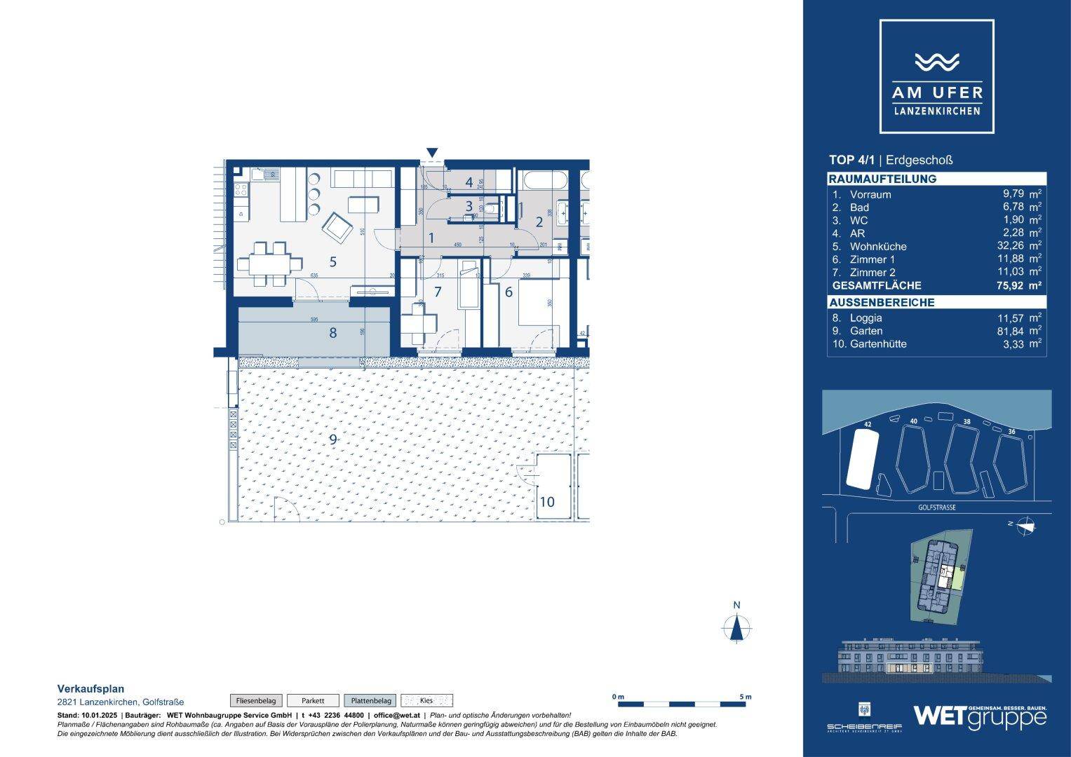 Detaillierter Grundriss einer Erdgeschosswohnung mit Loggia, Garten und Gartenhütte.