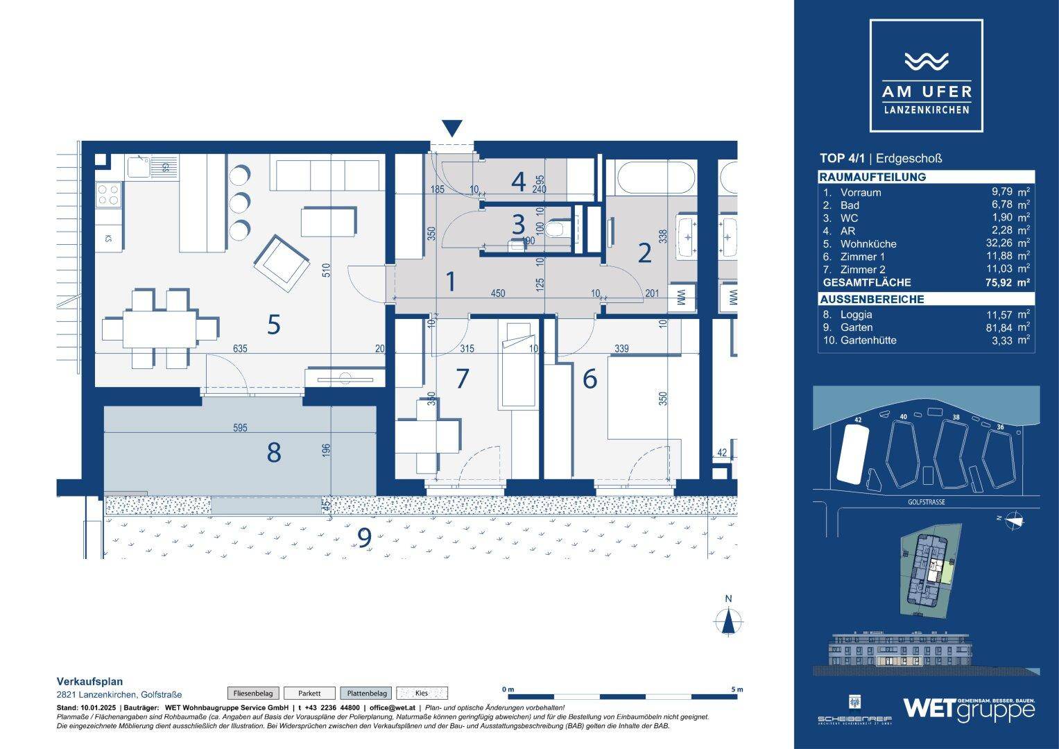 Detaillierter Grundriss einer Erdgeschosswohnung mit Loggia, Garten und Gartenhütte.