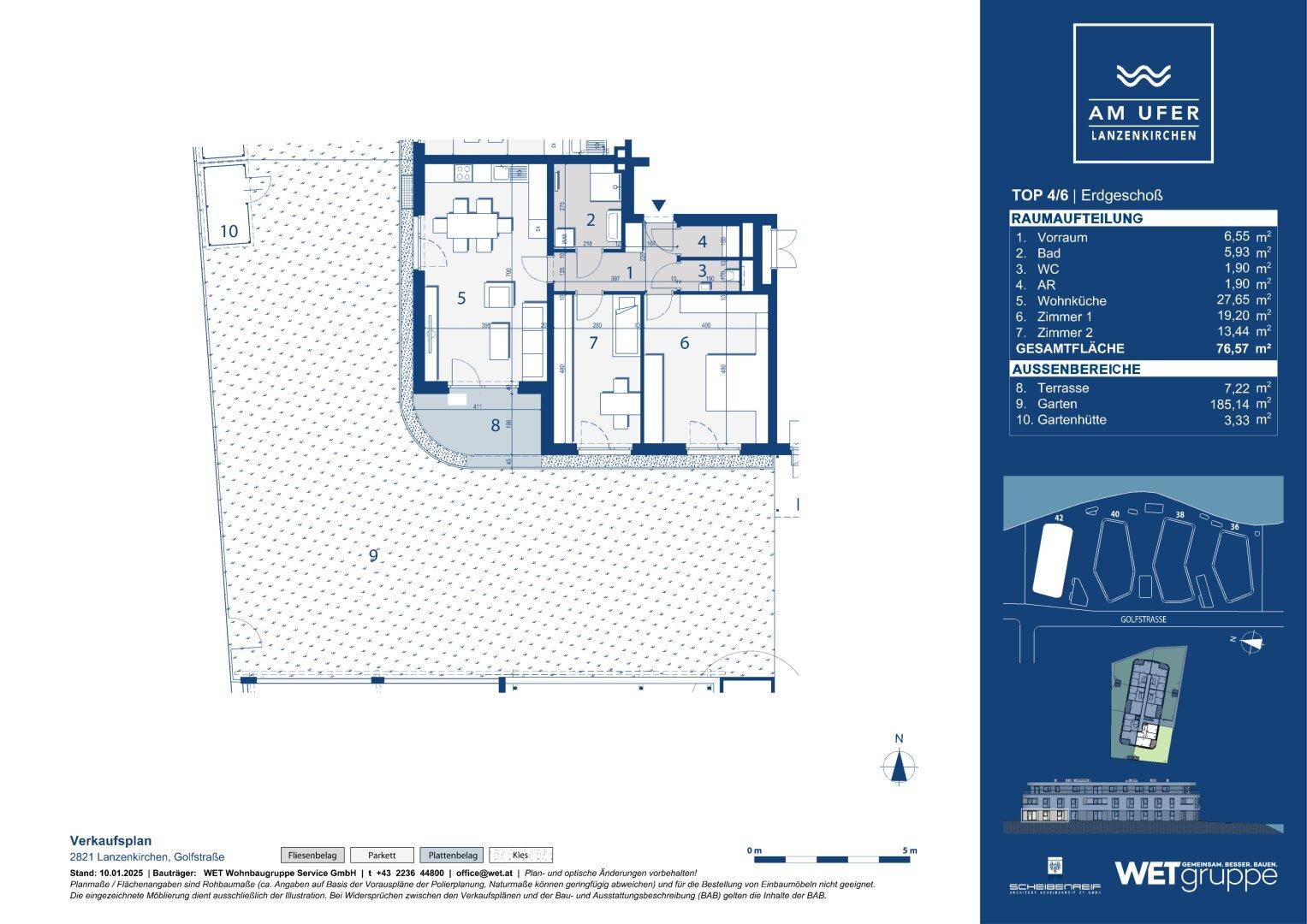 Detaillierter Grundriss einer Erdgeschosswohnung mit offener Wohnküche, Terrasse und Gartenanteil.