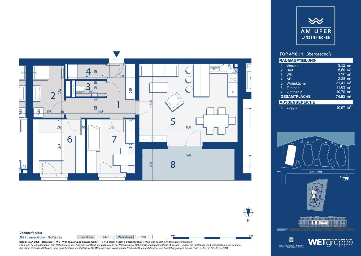 Detaillierter Grundriss einer Wohnung im ersten Obergeschoss mit offener Wohnküche und Loggia.