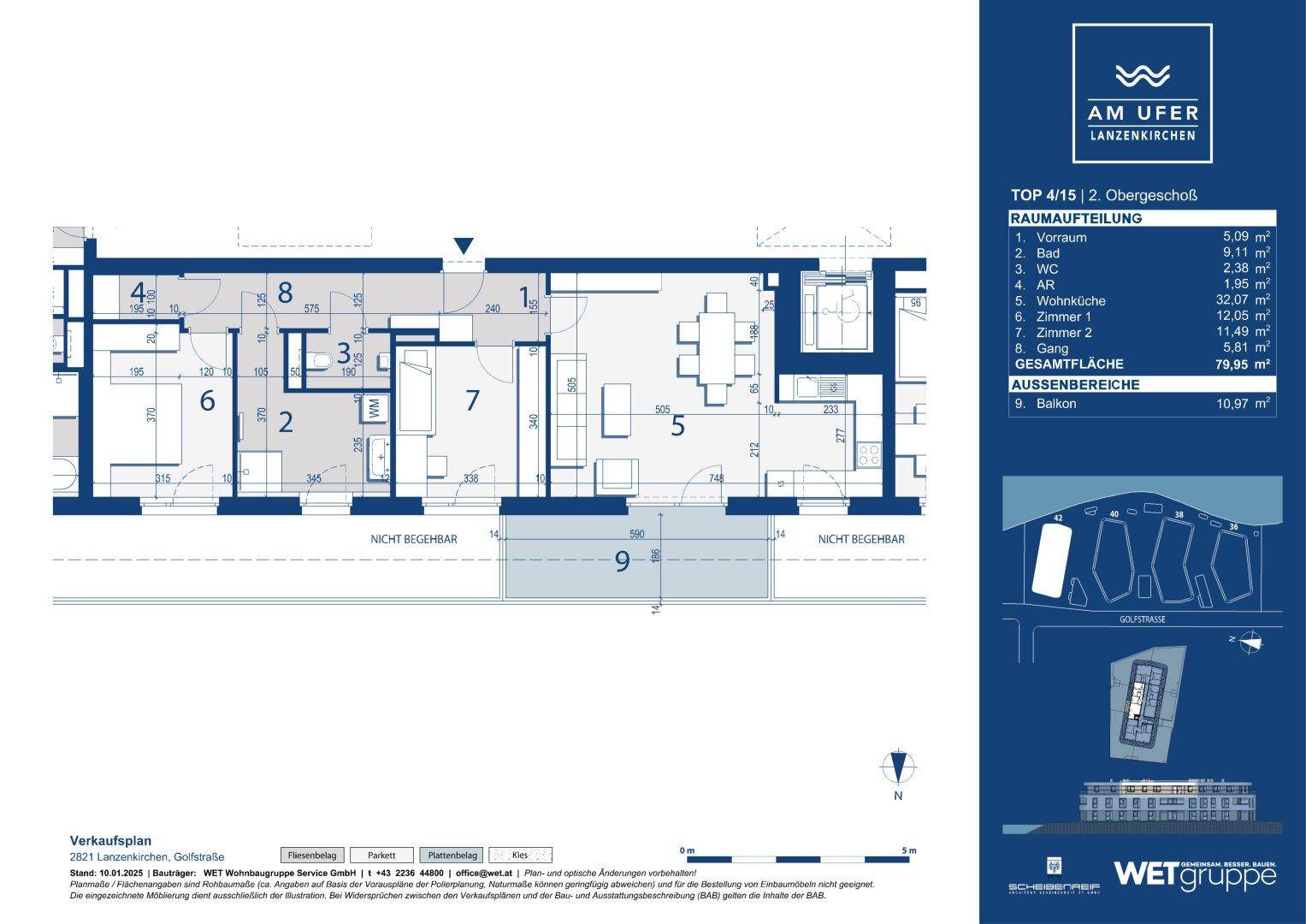 Grundriss der Wohnung TOP 4/15 im 2. Obergeschoss mit Balkon und offener Wohnküche.