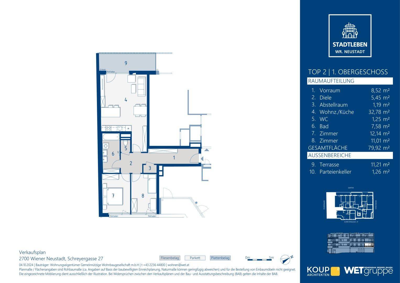 Grundriss einer Wohnung im ersten Obergeschoss mit Terrasse und Kellerabteil.
