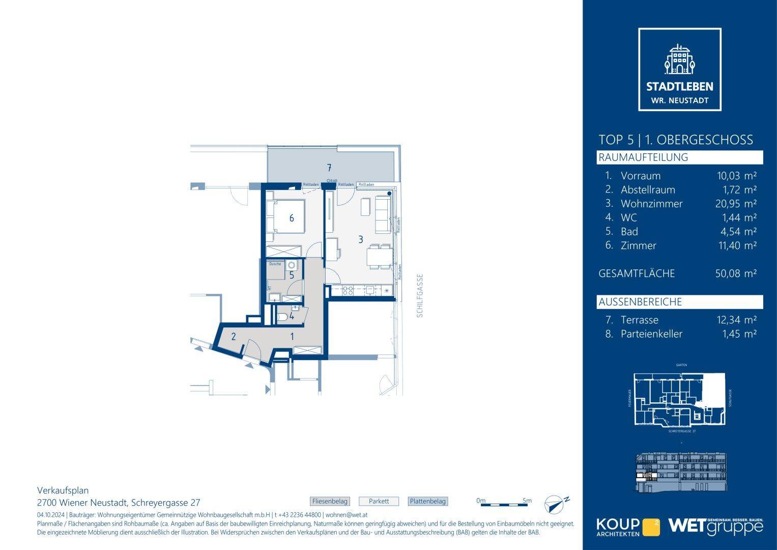 Detaillierter Grundriss einer Wohnung mit Raumaufteilung, Flächenangaben und einer Terrasse.