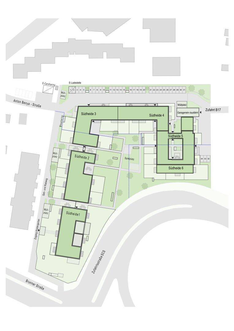 Übersichtsplan des Wohnkomplexes mit mehreren Gebäuden, Grünflächen, Spielplatz und Parkmöglichkeiten.