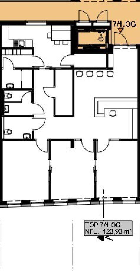 Grundrissplan einer Gewerbeeinheit mit 123,93 m² Nutzfläche, mehreren Büroräumen und Sanitäranlagen.