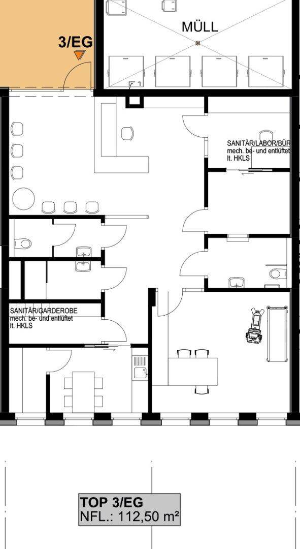 Grundrissplan für eine Einheit im Erdgeschoss mit mehreren Sanitärbereichen und 112,50 m² Nutzfläche.