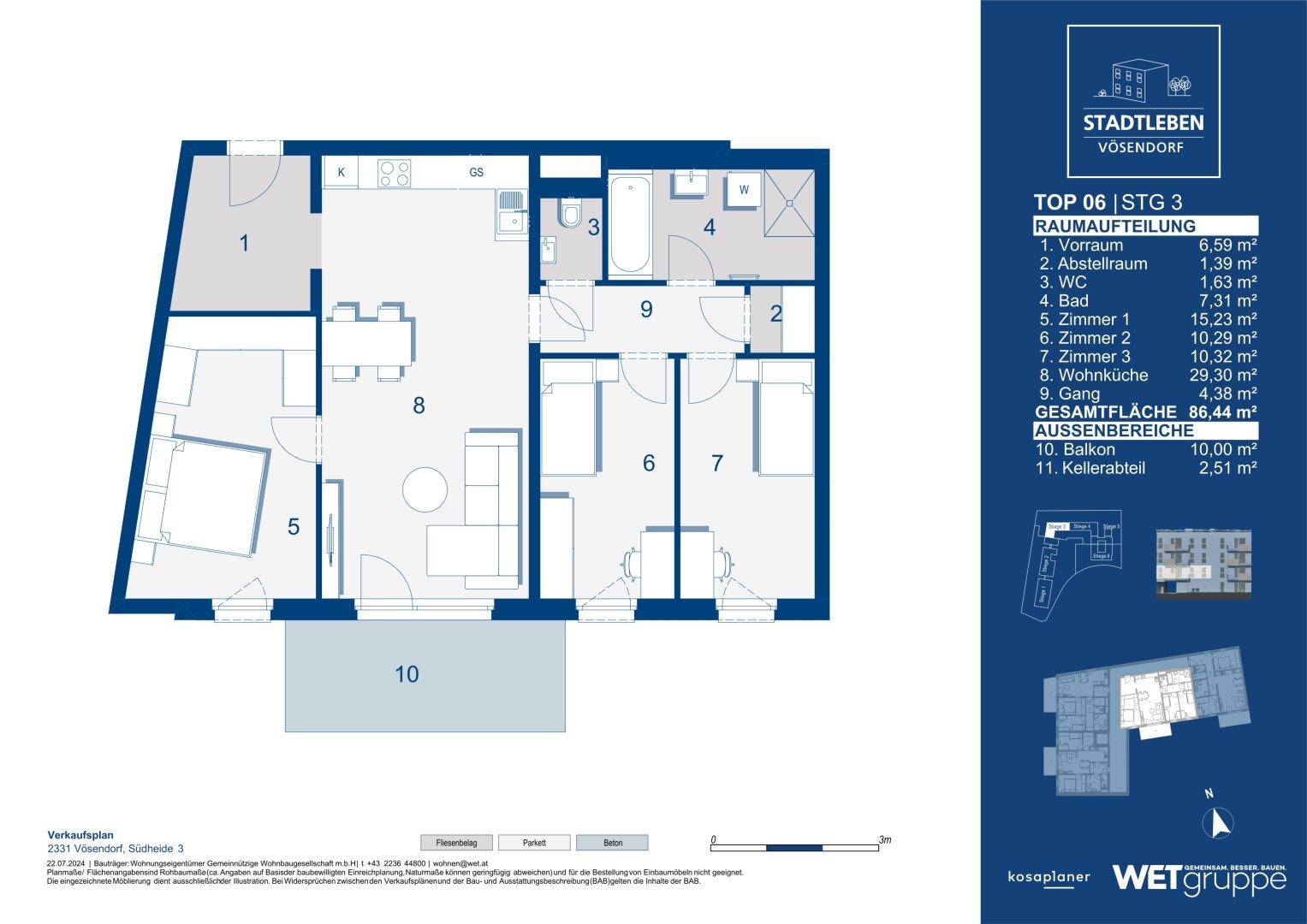 Grundriss der Wohnung TOP 06 mit 86,44 m² Wohnfläche und Balkon.
