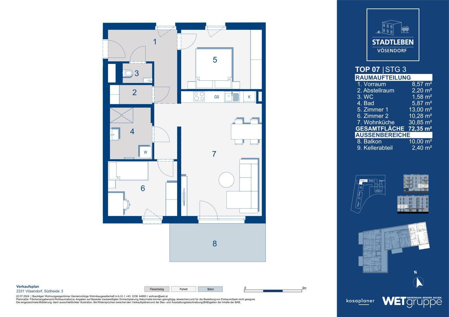 Detaillierter Grundriss einer Wohnung mit drei Zimmern, Balkon und separatem WC.