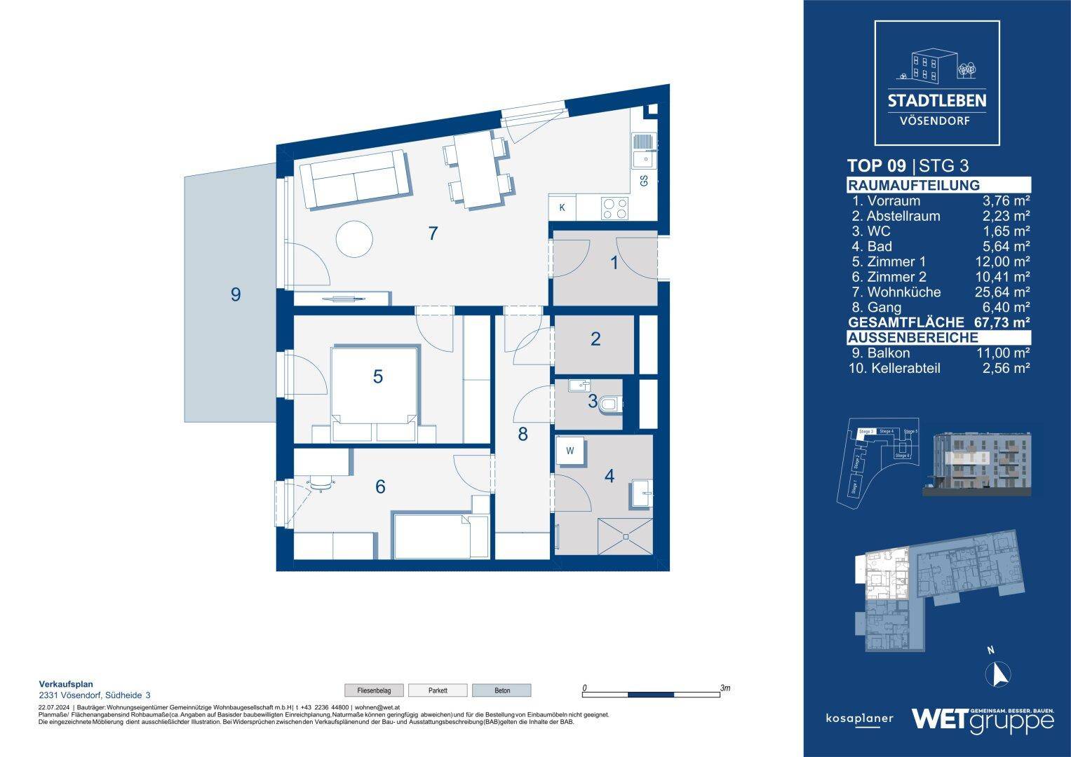 Detaillierter Grundriss einer Wohnung mit Balkon und separatem WC.