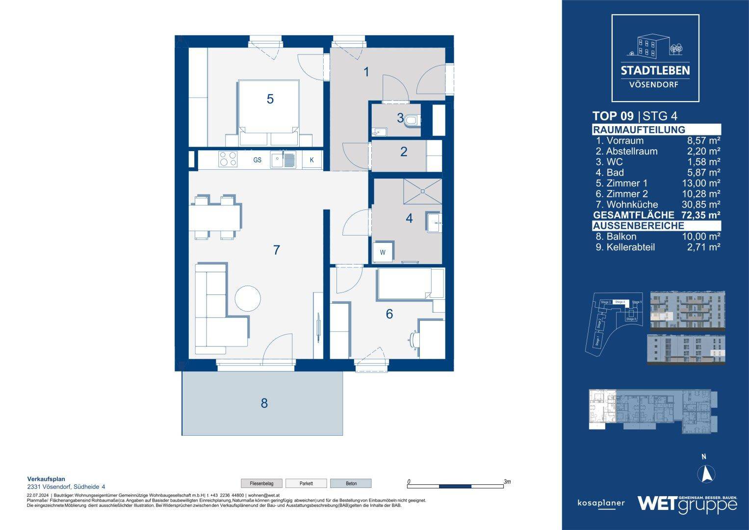 Detaillierter Grundriss der Wohnung TOP 09 mit Raumaufteilung und Flächenangaben.