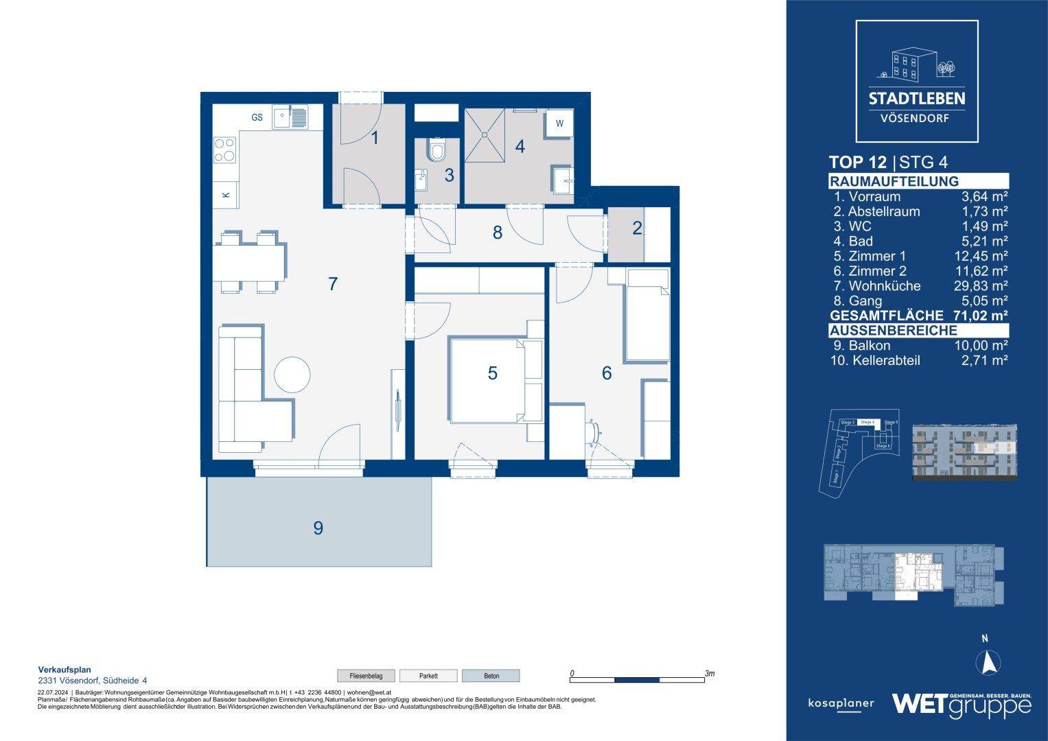 Detaillierter Grundriss einer Wohnung mit Balkon, separatem WC und offenem Wohnbereich.